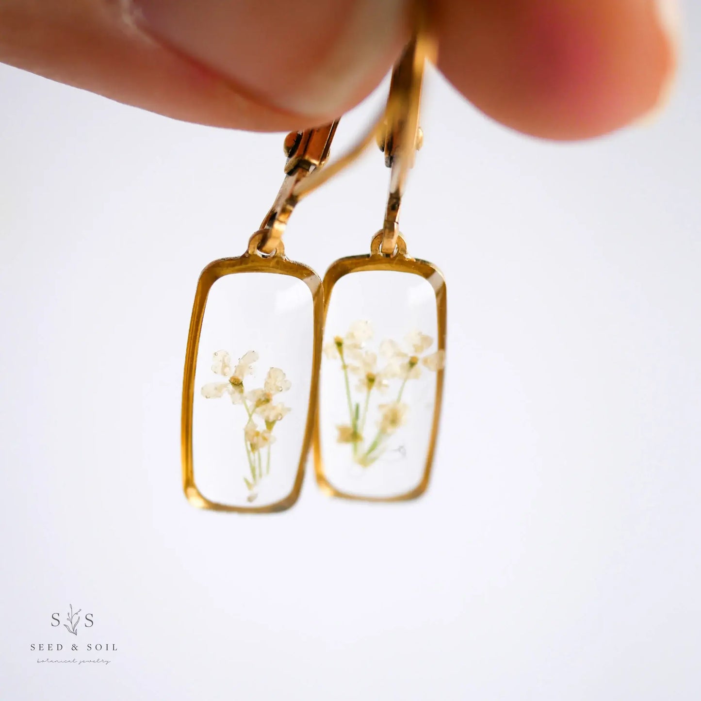 Tiny Rectangle Huggie Hoops: Queen Anne's Lace Botanical Earrings