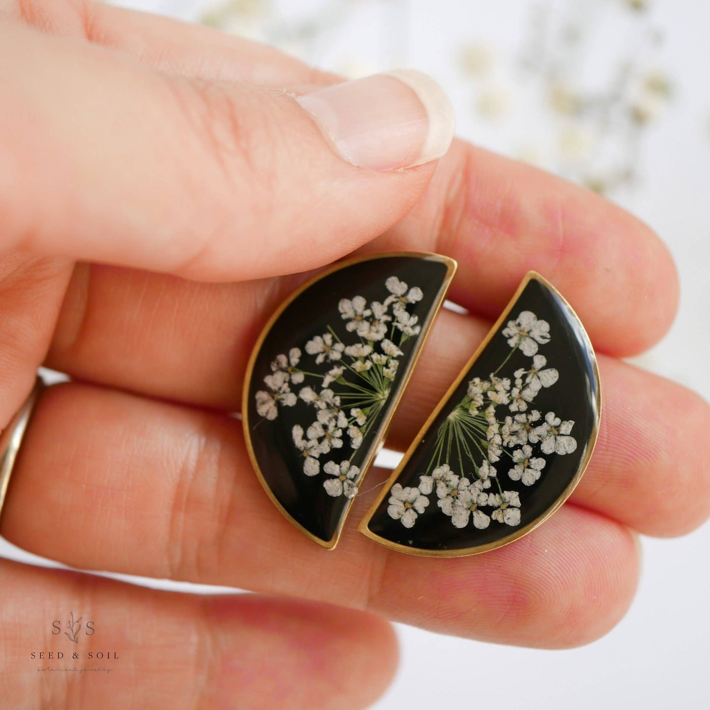 Split Studs: Black/Queen Anne’s Lace Botanical Earrings