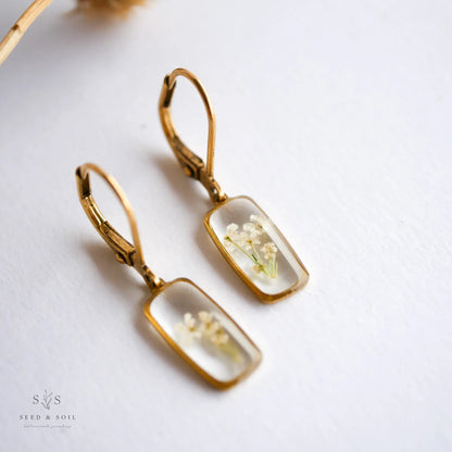 Tiny Rectangle Huggie Hoops: Queen Anne's Lace Botanical Earrings