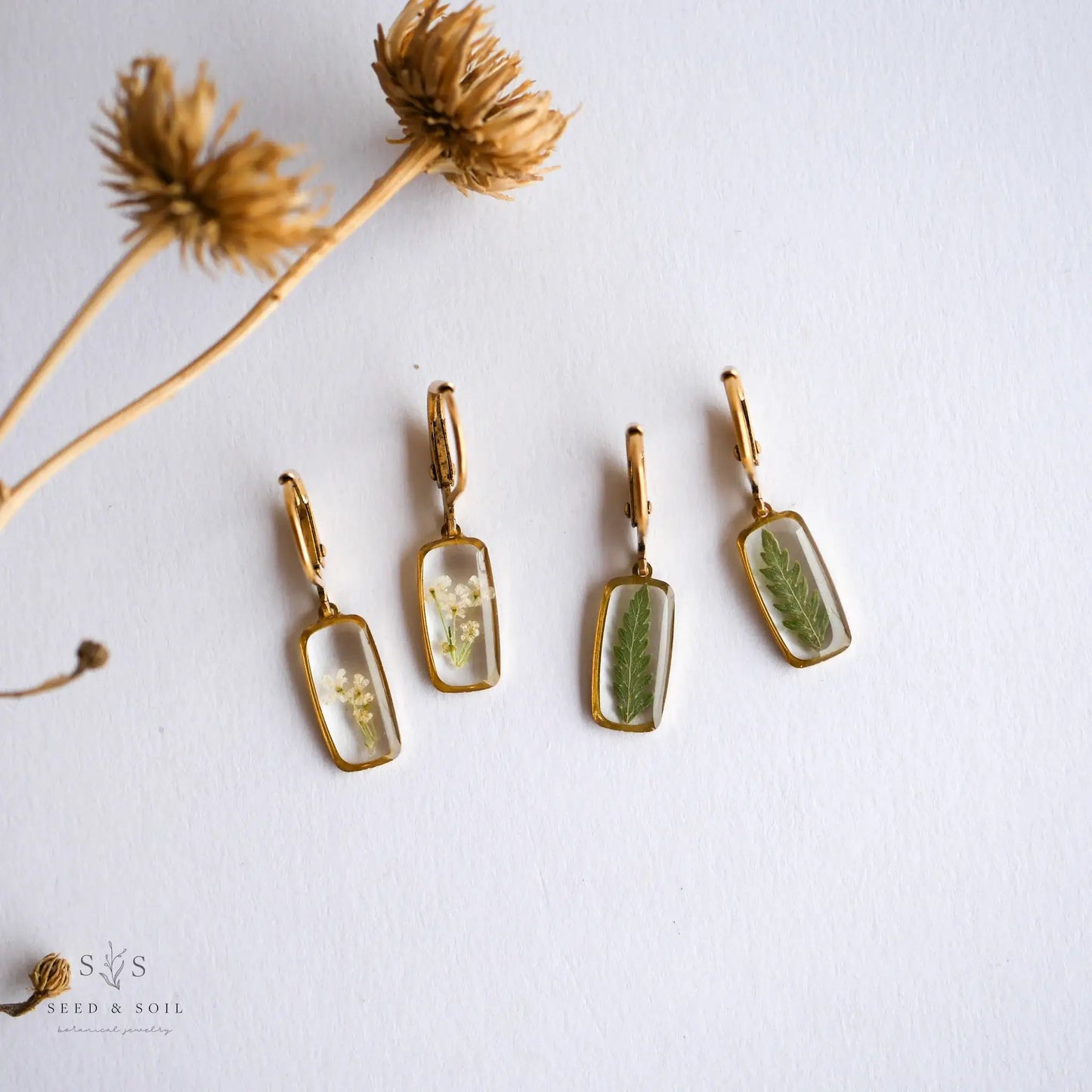 Tiny Rectangle Huggie Hoops: Queen Anne's Lace Botanical Earrings