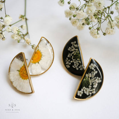 Split Studs: Black/Queen Anne’s Lace Botanical Earrings