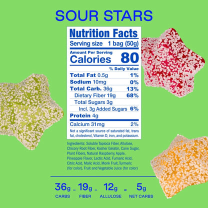 Low-Sugar "Healthy" Gummy Sour Stars: Raspberry, Pineapple, Apple